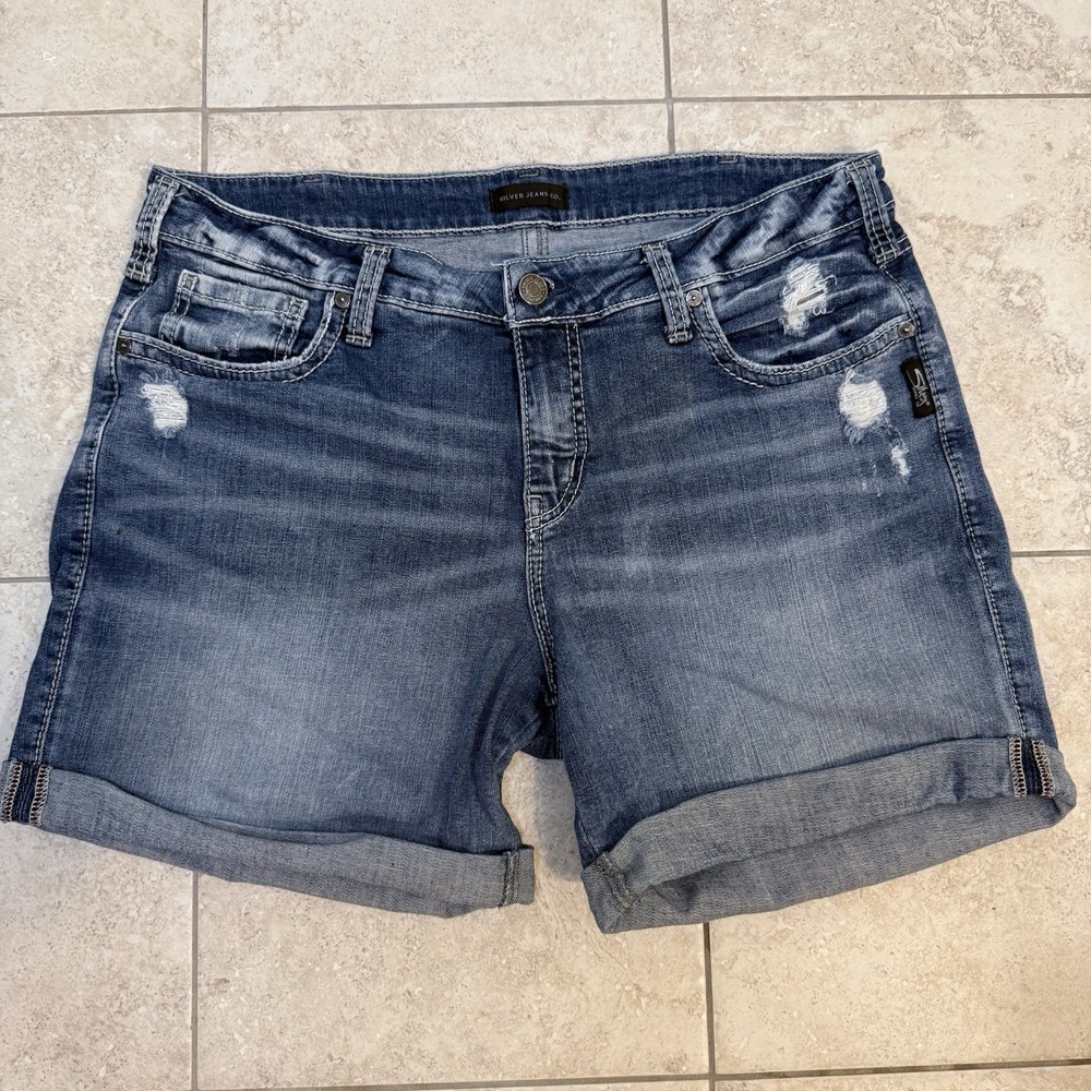 Womens Dark Wash Denim Jean Shorts - Distressed Roll-Cuff